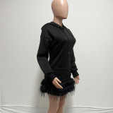 Feather Patchwork Long Sleeve Hooded Mini Dress QYXZ-GT9153
