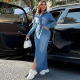 Denim Lapel Long Sleeve Split Maxi Dress GDAM-218617