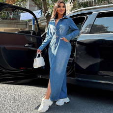 Denim Lapel Long Sleeve Split Maxi Dress GDAM-218617