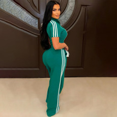 Stripe Patchwork Zipper Loose Two Piece Pants Set CYA-901481