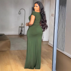 Short Sleeve Solid Color Split Maxi Dress GYLY-10529