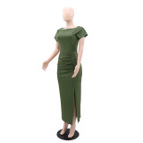 Short Sleeve Solid Color Split Maxi Dress GYLY-10529