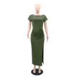 Short Sleeve Solid Color Split Maxi Dress GYLY-10529