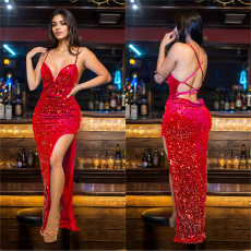 Beaded Velour Backless Sling Maxi Dress BY-C7065