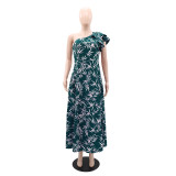 Slash Shoulder Print Ruffles Split Maxi Dress GYLY-10551