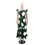 O Neck Print Ruffle Sleeve Maxi Dress GYLY-10541