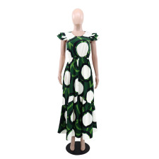 O Neck Print Ruffle Sleeve Maxi Dress GYLY-10541