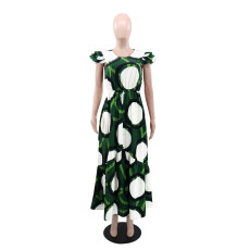 O Neck Print Ruffle Sleeve Maxi Dress GYLY-10541