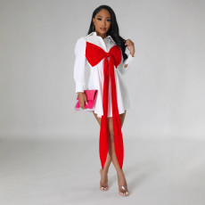 Casual Color Block Tied Chest Shirt Dress BS-1373