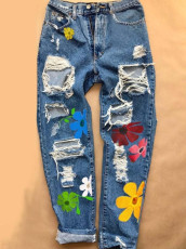 Printed Hole Fashion High Waist Jeans GDMY-018