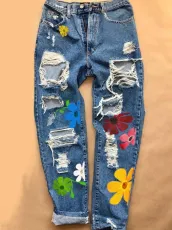 Printed Hole Fashion High Waist Jeans GDMY-018