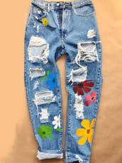 Printed Hole Fashion High Waist Jeans GDMY-018