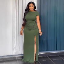 Short Sleeve Solid Color Split Maxi Dress GYLY-10529