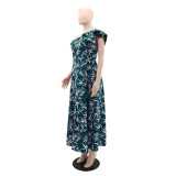 Slash Shoulder Print Ruffles Split Maxi Dress GYLY-10551