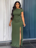 Short Sleeve Solid Color Split Maxi Dress GYLY-10529