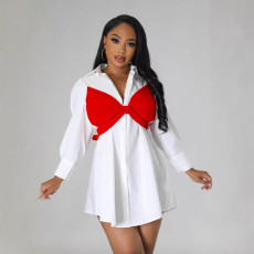 Casual Color Block Tied Chest Shirt Dress BS-1373