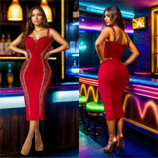 Sexy Sling Hot Dril Midi Dress BY-7070