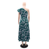 Slash Shoulder Print Ruffles Split Maxi Dress GYLY-10551