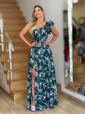 Slash Shoulder Print Ruffles Split Maxi Dress GYLY-10551