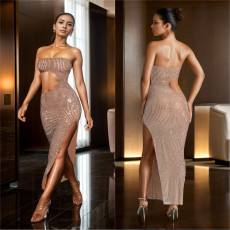 Hot Drill Warp Chest Hollow Out Maxi Dress GFYX-7057