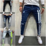 Men's Stripe Color Block Holes Jeans GDMY-1996