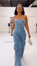Single-breasted Wrap Chest Denim Jumpsuit GADE-9825