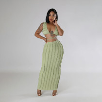 Solid Color Sleeveless Tie Up Backless Long Skint Set YF-10751