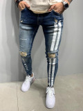 Men's Stripe Color Block Holes Jeans GDMY-1996