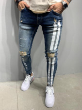 Men's Stripe Color Block Holes Jeans GDMY-1996