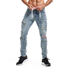 Men's Plaid Patch Holes Washed Pencil Jeans GDMY-SP1991