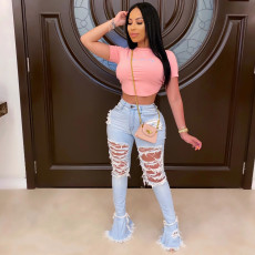 Fashion High Waist Tassel Hole Flare Jeans GDMY-1988