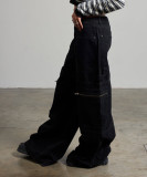 Washed Zipper Multi-pockets Wide Leg Jeans GDMY-222