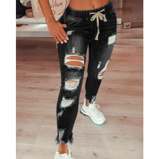 Fashion Slim Holes Tie Up Jeans GDMY-XJC-Y5936