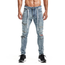Men's Plaid Patch Holes Washed Pencil Jeans GDMY-SP1991