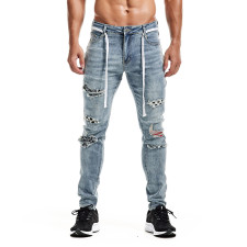 Men's Plaid Patch Holes Washed Pencil Jeans GDMY-SP1991