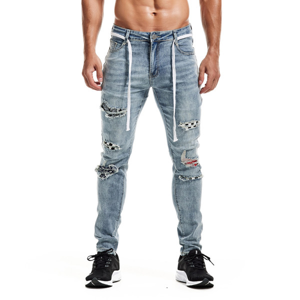 Men's Plaid Patch Holes Washed Pencil Jeans GDMY-SP1991