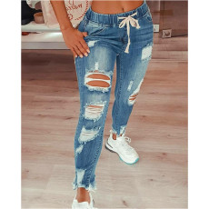 Fashion Slim Holes Tie Up Jeans GDMY-XJC-Y5936