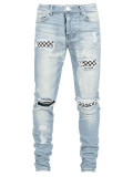 Men's Plaid Patch Holes Tight Jeans GDMY-171-8