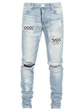 Men's Plaid Patch Holes Tight Jeans GDMY-171-8