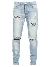 Men's Plaid Patch Holes Tight Jeans GDMY-171-8