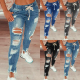 Fashion Slim Holes Tie Up Jeans GDMY-XJC-Y5936