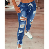 Fashion Slim Holes Tie Up Jeans GDMY-XJC-Y5936