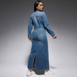 Long Sleeve Lapel Split Denim Maxi Dress GDAM-218616