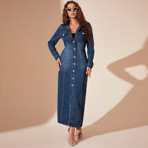 Fashion Denim Single-breasted Long Coat Dress GDAM-218618