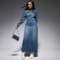 Long Sleeve Lapel Split Denim Maxi Dress GDAM-218616