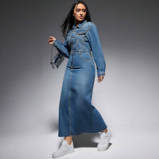 Long Sleeve Lapel Split Denim Maxi Dress GDAM-218616