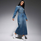 Long Sleeve Lapel Split Denim Maxi Dress GDAM-218616