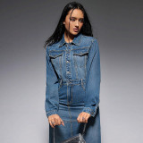 Long Sleeve Lapel Split Denim Maxi Dress GDAM-218616