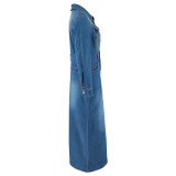 Long Sleeve Lapel Split Denim Maxi Dress GDAM-218616