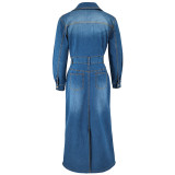 Long Sleeve Lapel Split Denim Maxi Dress GDAM-218616